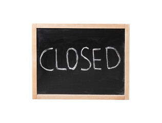 Fototapeta premium Black chalkboard with CLOSE text isolated PNG on transparent background, blank classroom sign for business, education and announcement concepts 