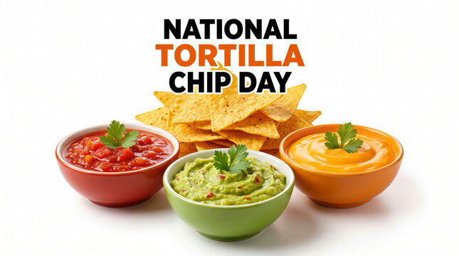National Tortilla Chip Day celebration concept, crunchy corn chips with salsa, guacamole and cheese dip bowls, Mexican snack food on white background
