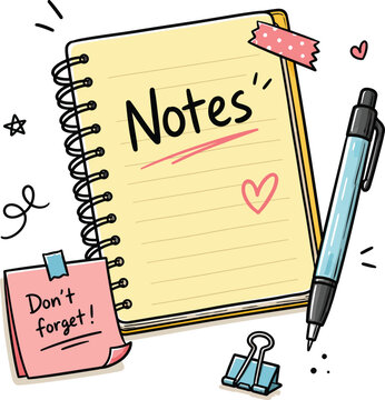 Cute Notes Notebook Doodle with Sticky Note and Pen, Hand Drawn Planner Illustration, Cartoon Stationery Vector