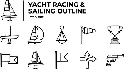 Fototapeta premium Yacht Racing and Sailing Competition Outline Icon Set with Foiling Hull, Spinnaker and Sailing Trophy, 10 Icons Editable Vector Line Art