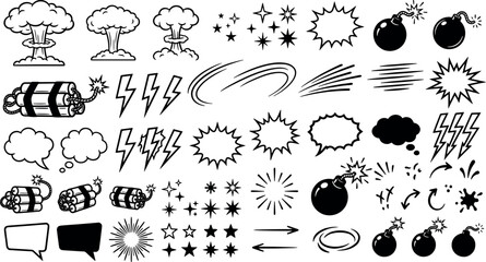 Comic style explosion and action effect doodle set with explosion lightning collection illustration handdrawn creative abstract © Kanon Islam