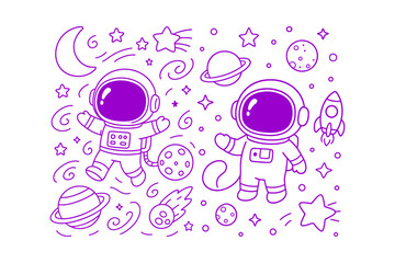 Two cute purple astronauts floating in outer space featuring detailed space suits with helmets and thick bold outline drawing style © BWKit