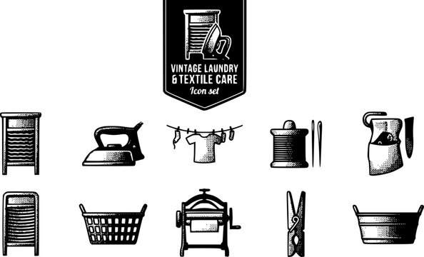 Vintage Laundry and Textile Care Icon Set with Washboard, Mangle Wringer and Clothesline, 8 Icons for Heritage Home and Laundry Brand Design, Stipple Engraving