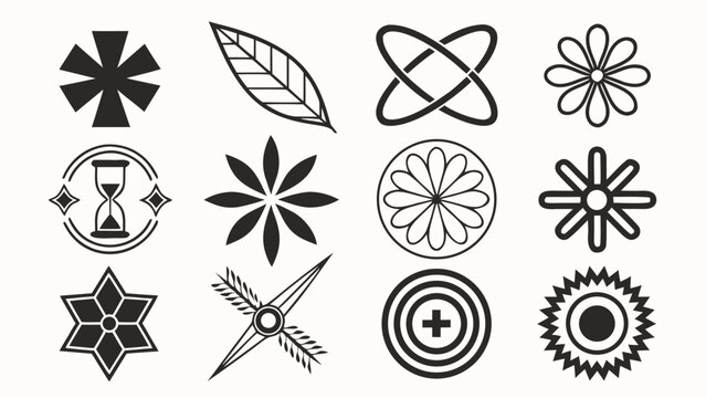Various geometric shapes and symbols arranged in a grid on a white background