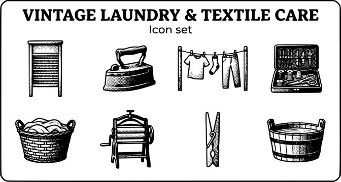 Vintage Laundry and Textile Care Icon Set with Washboard, Mangle Wringer and Clothesline, 8 Icons for Heritage Home and Laundry Brand Design, Stipple Engraving