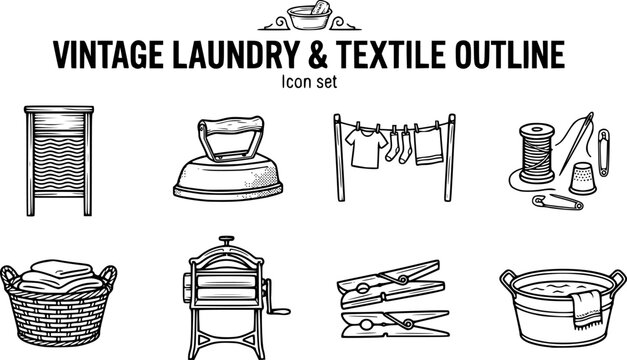 Vintage Laundry and Textile Care Outline Icon Set with Washboard, Mangle Wringer and Clothesline, 8 Icons Editable Vector Line Art