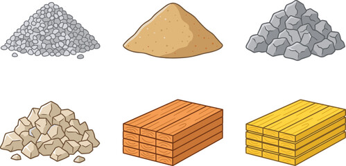 Set of construction raw materials including piles of sand gravel stones and wooden planks vector illustration © MstShapla