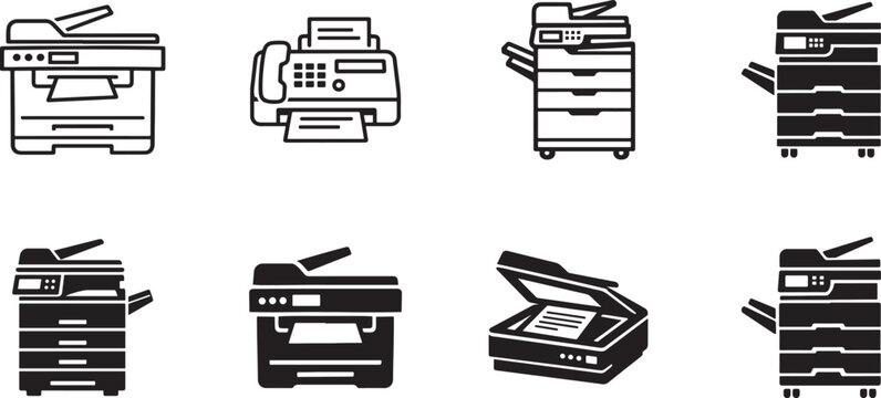 Copier icon set with editable vector symbols for copy machine, printing, scanning and office documents.