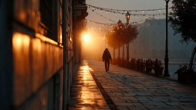 Person walks on a cobblestone path under string lights