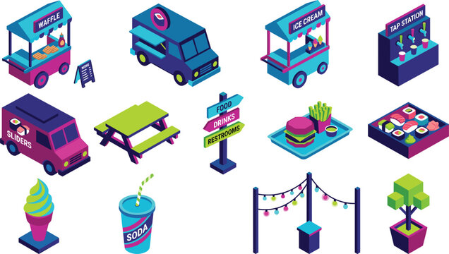 Isometric Neon Street Food Truck and Market Vendor Icons Set with Burger Van, Ice Cream Stall, Sushi Box, and Outdoor Festival Catering Elements