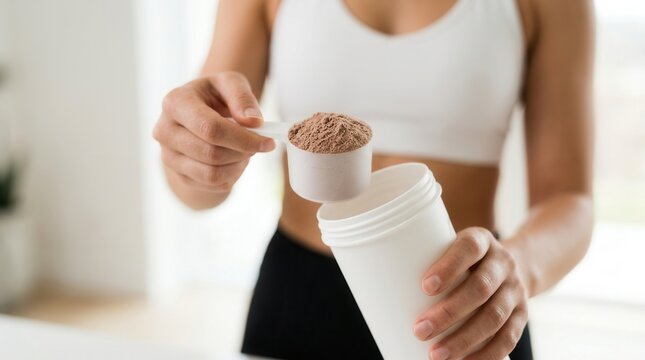 Closeup of a sporty young woman with protein at home