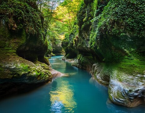 martvili canyon in georgia features stunning rock formations covered in vibrant green moss creating a picturesque scene along the abasha river with clear water flowing through the canyon