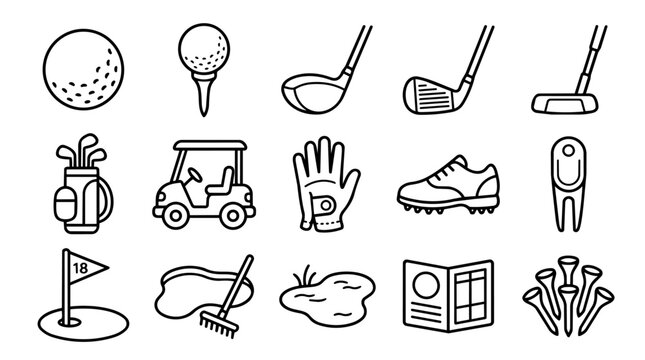 Golf sport accessories and course elements line icons