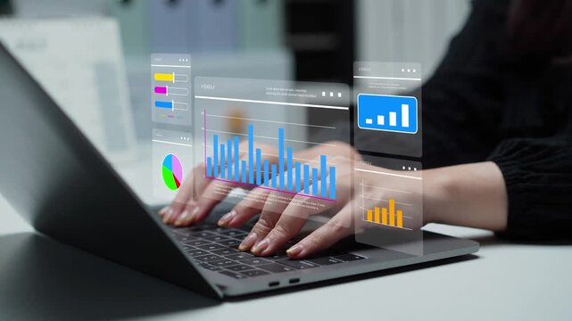 Businesswoman analyzing marketing dashboards, business reports, charts, graphs, and performance metrics to support data-driven strategy, business intelligence, and decision making.