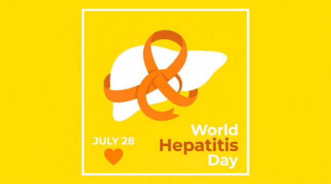 World hepatitis day illustration with ribbon and liver on yellow background