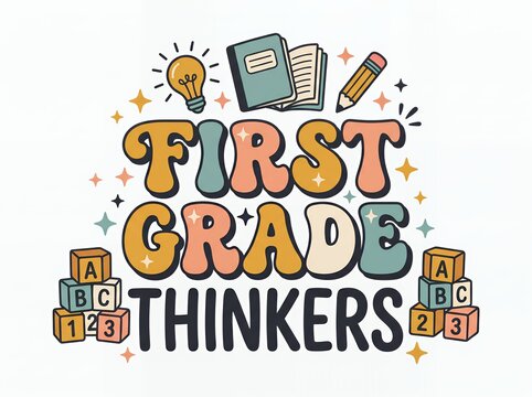 First grade thinkers retro typography back to school teacher shirt design with teacher gift tee school supplies graphics lightbulb icon pencil graphic
