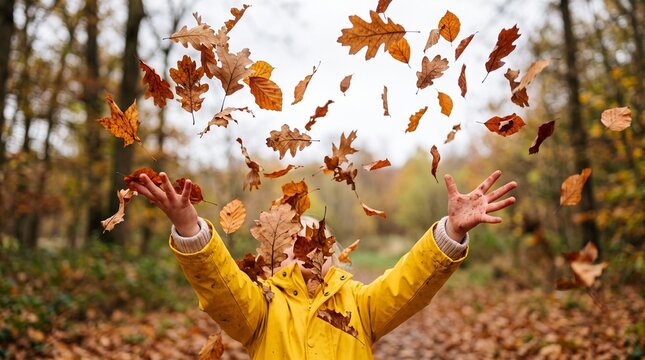 Joyful child in yellow coat throws autumn leaves in the air during a forest walk