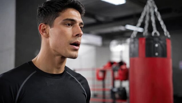 Young male boxer in a gym inserting a mouthguard before training, focused and wrapped hands ready for a heavy bag workout