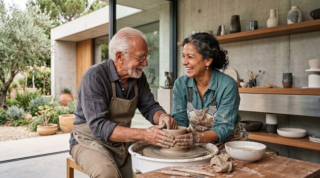 An elderly man and a woman enthusiastically engage in a pottery workshop