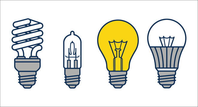 Four light bulbs in a row vector illustration with blue and yellow accents bulb lightbulb incandescent fluorescent led lighting illumination lamps electric energy power household