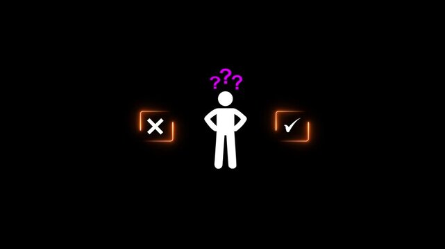 Decision making and choosing between the right and wrong. Confusion about to accept or to reject. Stickman with question mark standing in between the neon with check mark and x symbols.4k motion