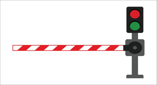 Railway crossing barrier and traffic light on a white background railroad level gate arm signal semaphore red green road safety transportation infrastructure warning sign caution