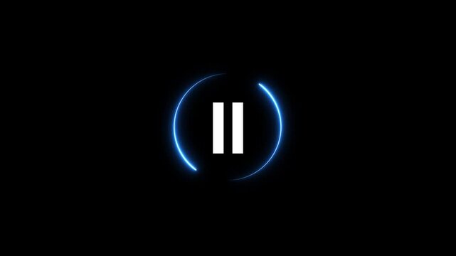 Glowing neon presses pause icon on a virtual display screen.4k motion graphics video animation