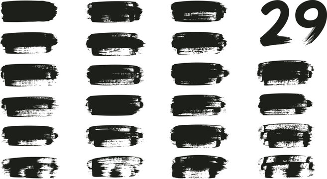Brush Stroke Vector Set with 29 Unique Black Ink Paint Strokes, Grunge Texture, Artistic Painting Elements, Hand-Drawn Effects, and Design Illustration Collection