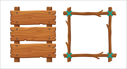 Wooden planks and branch frame on a white background a rustic decorative element wood boards timber lumber natural brown tan tree branches knot rope twine © vector desgins 