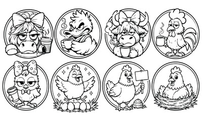 Fototapeta premium Set of funny cartoon chicken characters and farm birds circular emblems line art with character coloring agriculture illustration circular collection lifestyle domestic