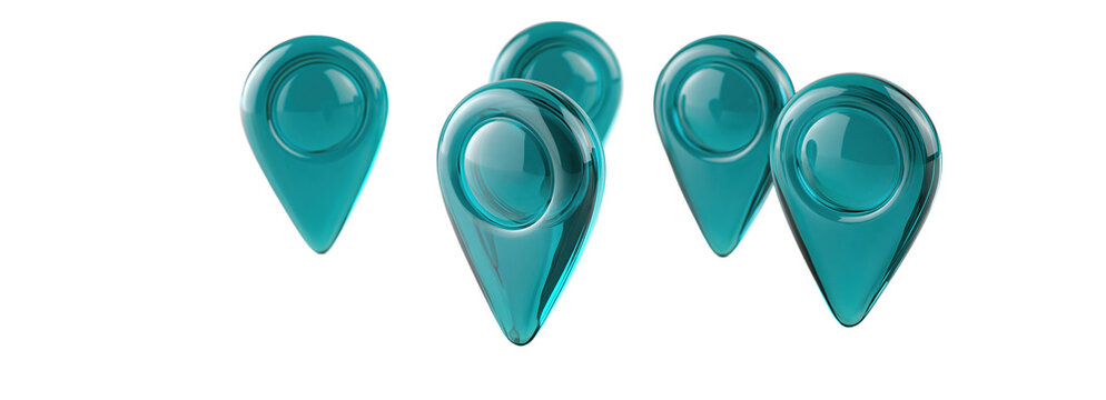 Glowing teal map pins with reflections on transparent background