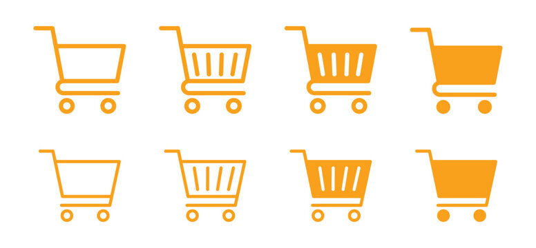 Collection of eight orange shopping cart for e-commerce websites and mobile retail interfaces on transparent background