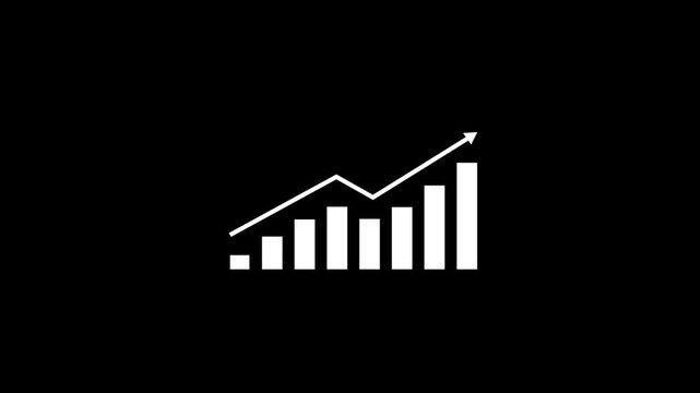 Animated financial bar chart with rising trend line arrow showing business growth, market success, profit increase, and positive economic performance on a clean minimalist black background overlay