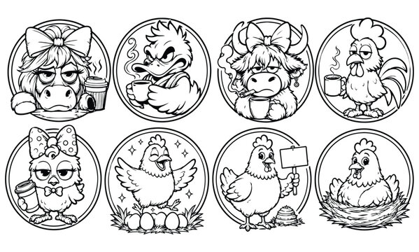 Set of funny cartoon chicken characters and farm birds circular emblems line art with character coloring agriculture illustration circular collection lifestyle domestic