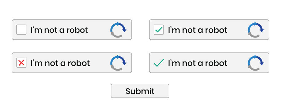 Web security captcha forms with i am not a robot checkboxes and refresh buttons on transparent background
