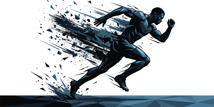 Abstract Male Sprinter with Polygon Geometry and Grunge Motion Effect Dynamic Running Athlete Illustration Isolated on White Background