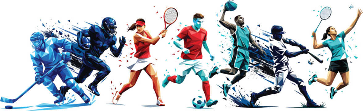 Abstract Multi Sport Athlete Collection Polygon and Grunge Action Players Dynamic Sports Illustration Set Isolated on White Background