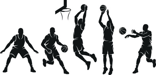 Basketball Player Silhouette Collection Dribbling Passing Shooting and Dunk Action Sports Illustration Set Isolated on White Background © Prince7011