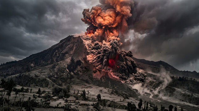 Volcanic eruption with large smoke cloud.