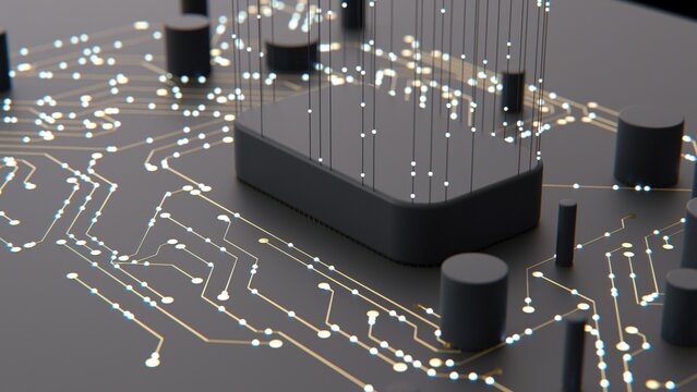 3d circuit board processor render for ai technology landing page with glowing gold traces and hexagonal cpu base