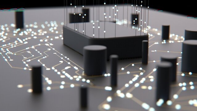 3d circuit board data network close-up for ai technology background with gold traces and glowing data nodes