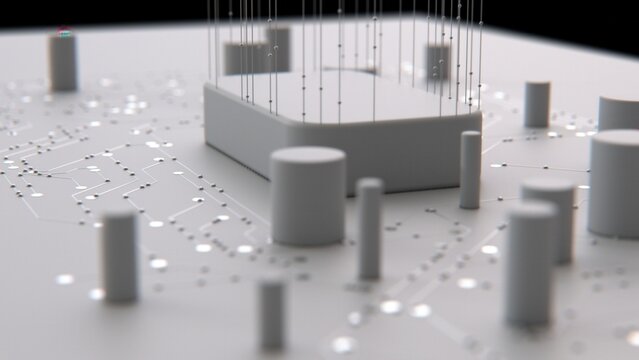 Quantum computer with cylindrical qubits and suspended wire connections in a photorealistic studio scene