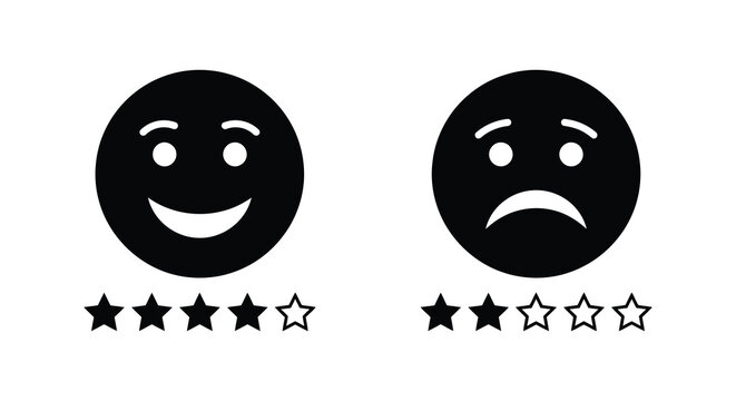 Two facial expression icons with star ratings a black silhouette happy face sad smiling frowning icon pictogram rating