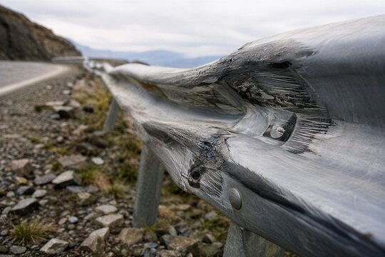 Damaged metal highway guardrail after car accident. Bent steel barrier on dangerous mountain road. Concept of traffic safety, infrastructure maintenance and vehicle crash consequences.