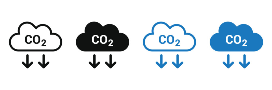 Carbon dioxide emission set with clouds and downward arrows for environmental data analysis on transparent background