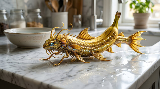 Golden dragon fish sculpture on marble kitchen countertop with bowl and utensils.