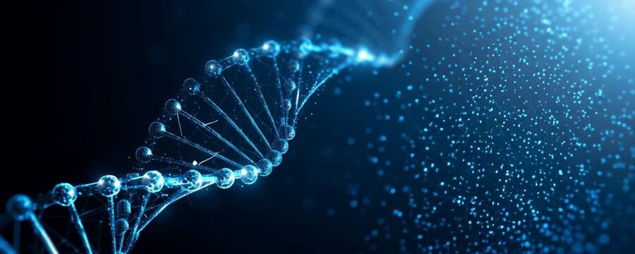 stylized, glowing blue dna double helix diagonally positioned against a dark blue to light blue gradient backdrop the helix consists of luminous lines and circular nodes Generative AI