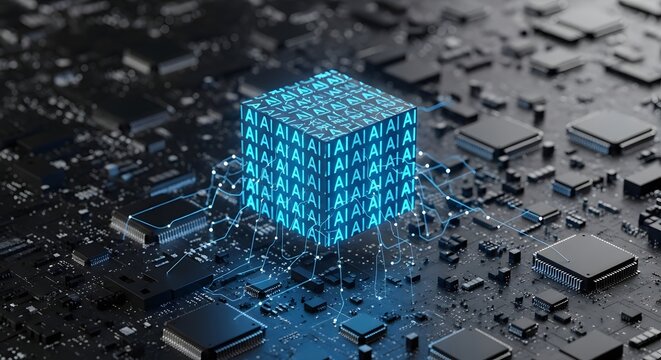Artificial intelligence cube network with microchip circuit board background