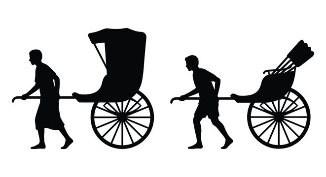 Two silhouettes of rickshaw pullers with traditional vehicles against a white background silhouette puller human powered vehicle pedicab cycle