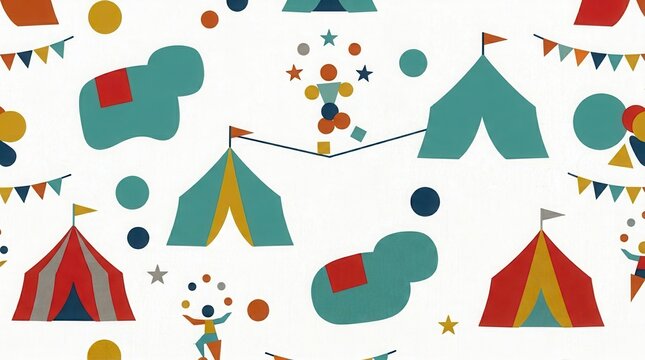 Seamless pattern showing big top tents, elephants, and entertainers for a cheerful design